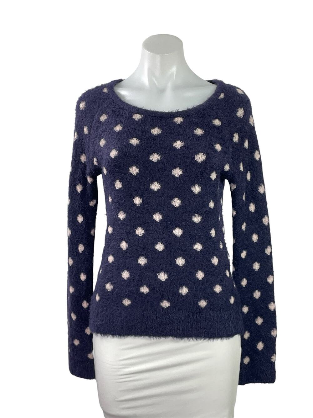 Anthropologie Moth Navy Blue Polka Dots Fuzzy Eyelash Knit Long Sleeve Sweater M